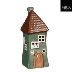 Zöld házikó alakú mécsestartó, hossz: 7,5; szélesség: 7,5; magasság: 18,5 cm