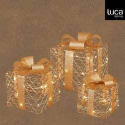 Pezsgőszínű LED-es ajándékdobozszett, 3 darab, 65 LED, hossz: 25; szélesség: 25; magasság: 29 cm