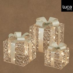 Ezüst LED-es ajándékdobozszett, 3 darab, 65 LED, hossz: 25; szélesség: 25; magasság: 29 cm