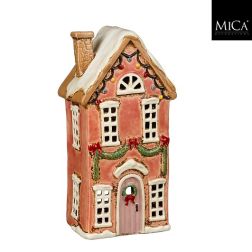 Narancssárga házikó alakú mécsestartó, hossz: 12; szélesség: 8,5; magasság: 23 cm