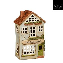 Szürke könyvesház alakú mécsestartó, hossz: 13; szélesség: 8,5; magasság: 21,5 cm