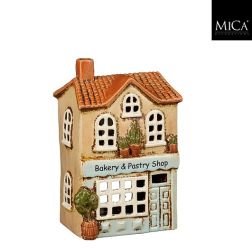 Kék üzletház alakú mécsestartó, hossz: 12; szélesség: 9; magasság: 18 cm