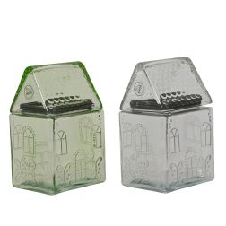 Házikó alakú üveg tároló, hossz: 13 cm; szélesség: 10,5 cm; magasság: 21 cm, több változatban