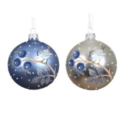 Üveg ágon ülő madár mintás gömbdísz vegyes színben, 8 cm, két változatban