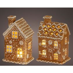 Mézeskalácsszínű kerámiaház micro LED-del, hossz: 10 cm; szélesség: 7,5 cm; magasság: 15 cm, több változatban