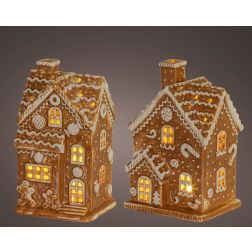 Mézeskalácsszínű kerámiaház micro LED-del, hossz: 12 cm; szélesség: 10 cm; magasság: 18 cm, több változatban