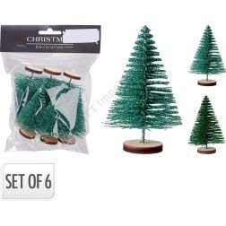 Csillogó mini dekorfenyőszett, 6 darab – fém, műanyag, 4 × 4 × 7 cm, több változatban