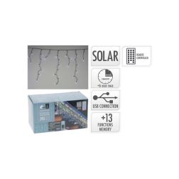 Napelemes fehér LED jégcsapfény, 240 LED, távirányítóval és USB-töltéssel, 13 funkcióval és időzítővel