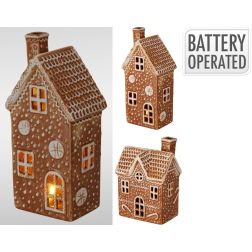 LED-es porcelán mézeskalácsház, 10 × 7,5 × 18,5 cm