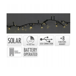 Napelemes meleg fehér LED fényfüzér, 560 LED, távirányítóval és USB-töltéssel, 13 funkcióval és időzítővel
