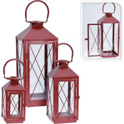 Piros fém-üveg lámpásszett, 3 darab, legnagyobb: 18,5 × 18,5 × 47 cm; kisebbek magassága: 34 és 23 cm