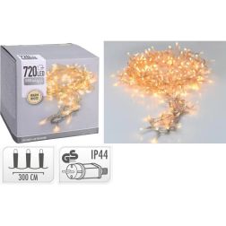 LED-fényfüzér, 720 melegfehér LED, átlátszó kábel, kb. 54 m világító szakasz; 3 m bevezetőkábel