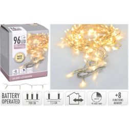 Elemes fényfüzér, 96 melegfehér LED, átlátszó kábel, 7,125 m világító szakasz; 50 cm bevezetőkábel
